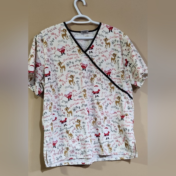 Women's Rudolph the Red Nose Reindeer Scrub Top Christmas Sz M  2 Pockets - Picture 2 of 11